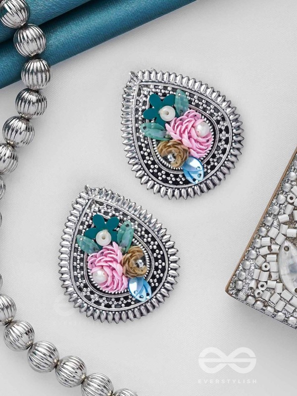 RIMBA- THE FLOWER DROP - SEQUINS AND PEARLS EMBROIDERED AND OXIDISED EARRINGS