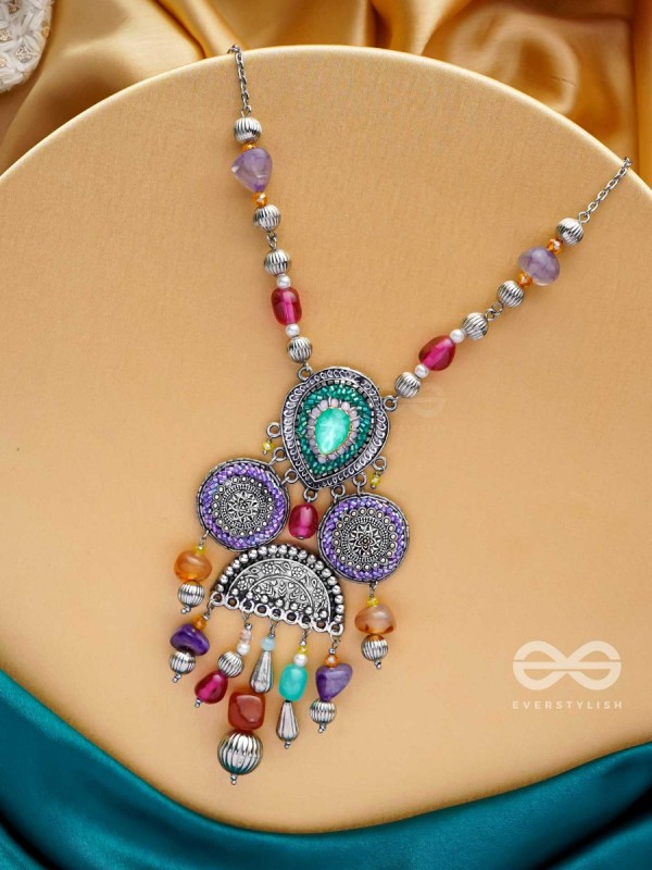 CHITRAVARNA - THE COLORFUL CHARMS - STONE AND GLASS DROPS EMBROIDERED AND OXIDISED NECKPIECE (MULTICOLOR)