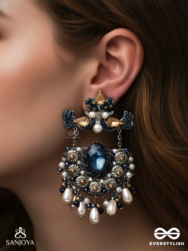 RAJATCHANDALI - THE MOON'S GLAMOUR - STONE, PEARL DROPS AND BEADS EMBROIDERED EARRINGS 