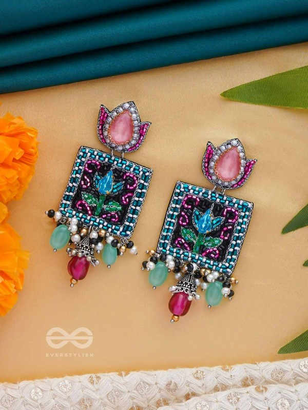 Dyuti - The Blooming Radiance - Stones, Cutdana And Beads Hand Embroidered Earrings (Multicolor)