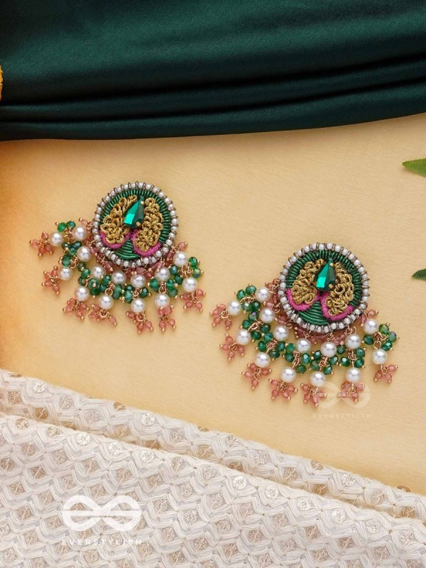 VARNANANDINI - THE COLORFUL DELIGHT - STONE, PEARLS AND BEADS EMBROIDERED EARRINGS (GREEN & PINK)