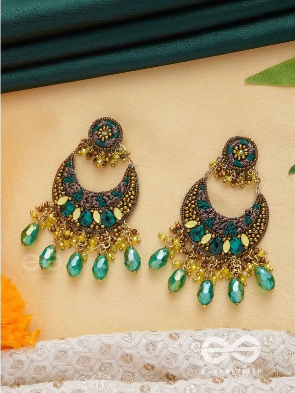 Sajivika - The Lively Dreamdrops - Beads And Glass Drops Hand Embroidered Earrings (Green & Golden)