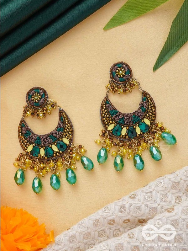Sajivika - The Lively Dreamdrops - Beads And Glass Drops Hand Embroidered Earrings (Green & Golden)