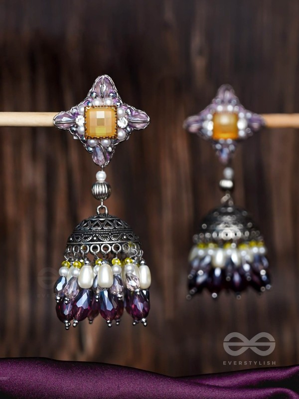 Vasatya - Gradient Of Dusk - Stone And Beads Hand Embroidered And Oxidised Jhumka Earrings