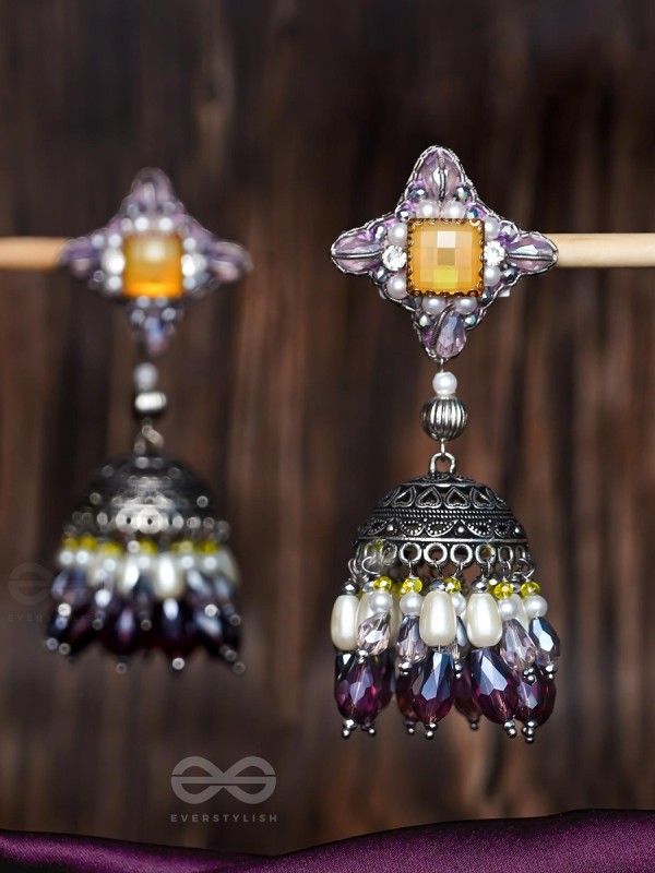 Vasatya - Gradient Of Dusk - Stone And Beads Hand Embroidered And Oxidised Jhumka Earrings