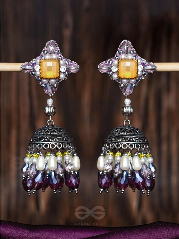Vasatya - Gradient Of Dusk - Stone And Beads Hand Embroidered And Oxidised Jhumka Earrings