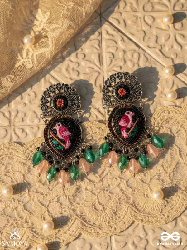 VIHANGIKA - FEATHERED FLIGHT ELEGANCE - STONE, GLASS DROPS AND RESHAM EMBROIDERED AND OXIDISED EARRINGS