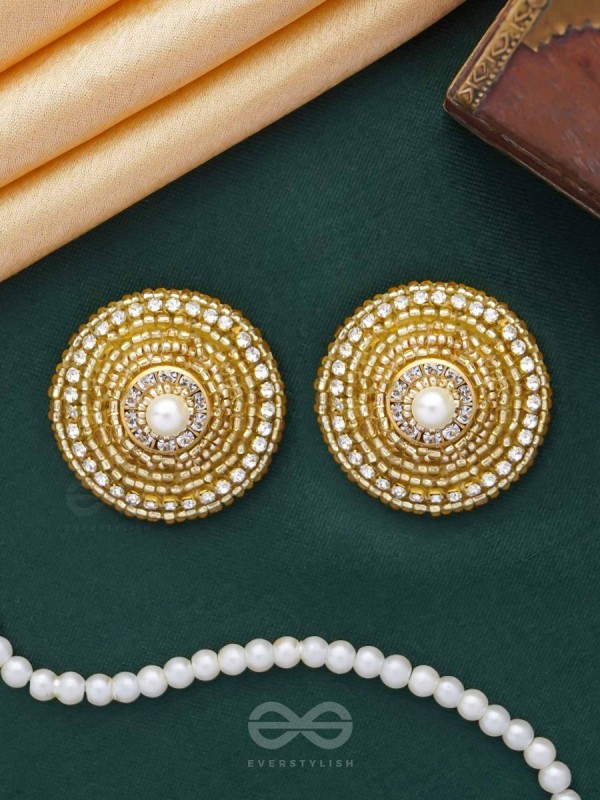 PRABHAKARINI - THE ILLUMINATING GOLDEN - PEARLS AND BEADS EMBROIDERED STUD EARRINGS