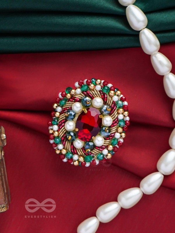 AKSHEPA - THE STATEMENT ONE - STONE, PEARLS AND BEADS EMBROIDERED RING