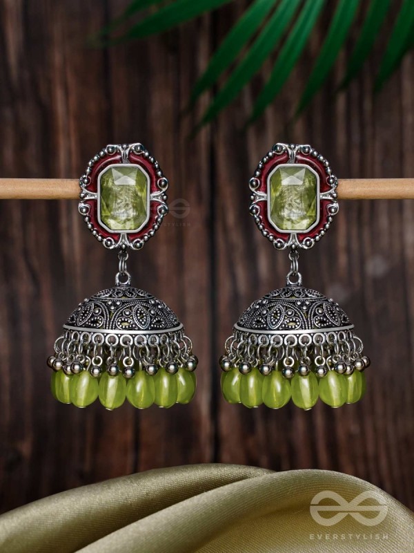 THE ROYAL LUSH - STATEMENT EMBELLISHED OXIDISED JHUMKA EARRINGS