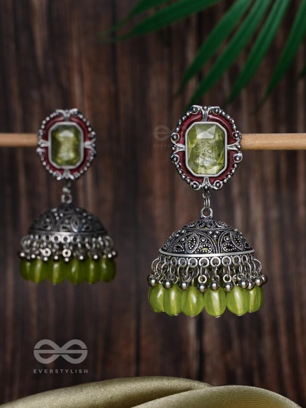 THE ROYAL LUSH - STATEMENT EMBELLISHED OXIDISED JHUMKA EARRINGS