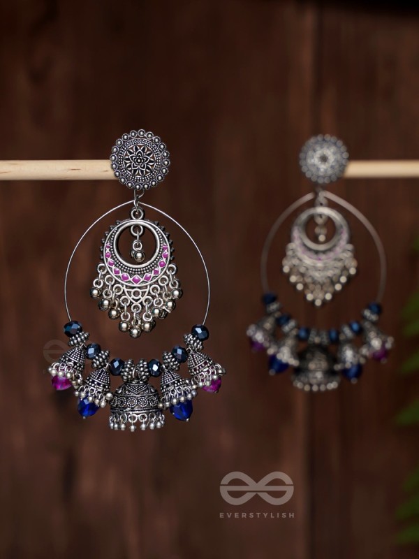  DUSKY SKYLINE ELEGANCE - STATEMENT EMBELLISHED OXIDISED JHUMKA EARRINGS