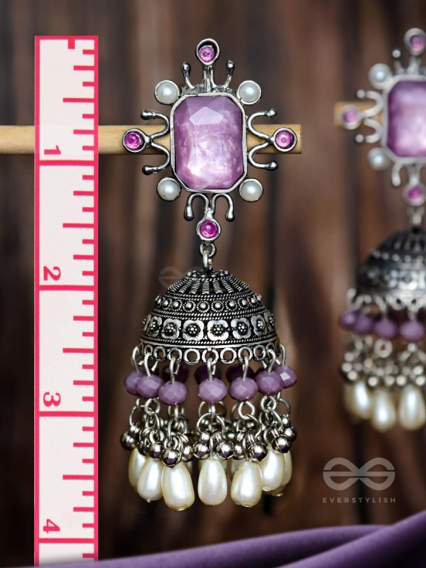 A MYSTICAL DUSK - STATEMENT EMBELLISHED OXIDISED JHUMKA EARRINGS