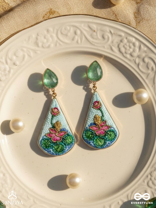 Padmalatā - Lotus Vine Hand-embroidered earrings with Cutdana, Dabka and Resham thread work 