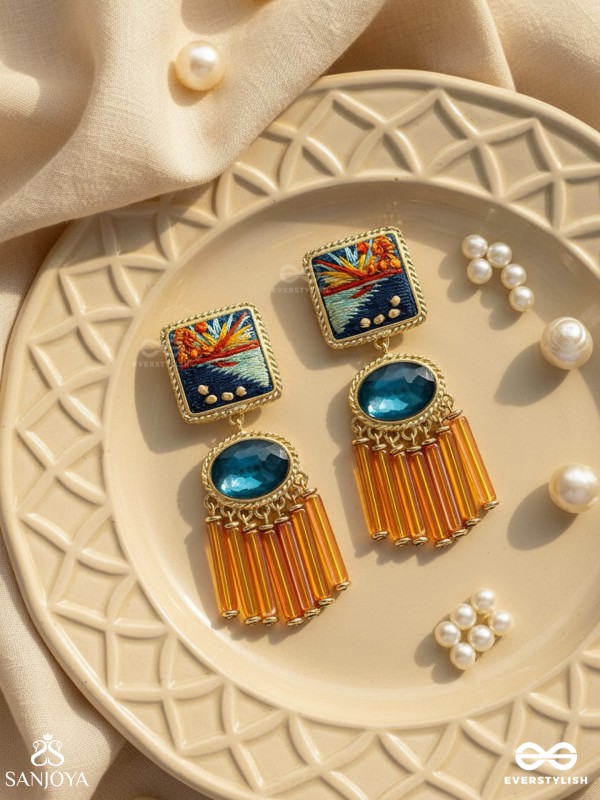 Ajyavari - The Seashore Sunshine - Resham And Stone Hand Embroidered Earrings