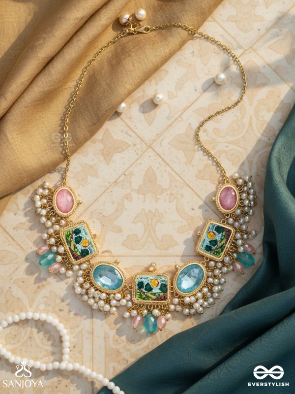 Vividhruma - Colorful Blossoms - Stones, Beads And Resham Hand Embroidered Neckpiece