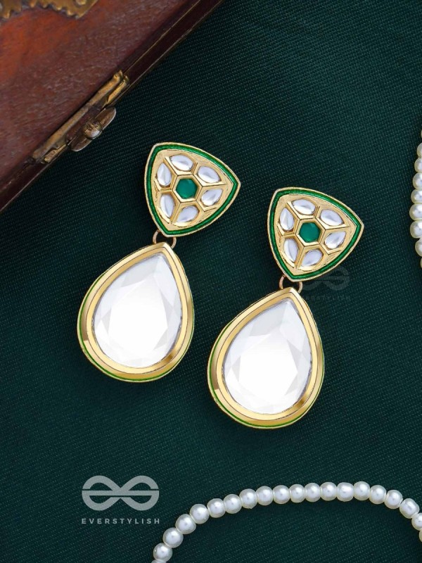 HARINMANI - THE EMERALD CUT - GOLDEN EMBELLISHED POLKI AND KUNDAN EARRINGS