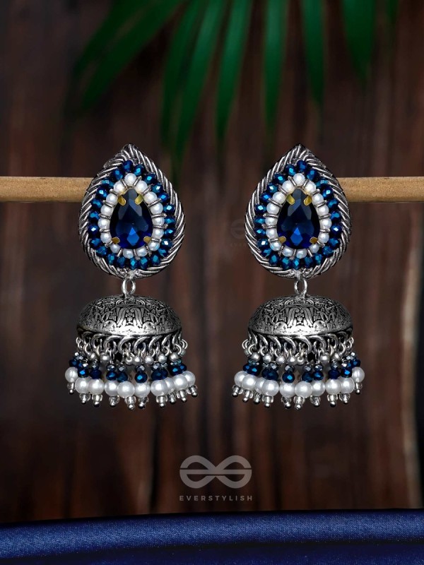 Ratryata - The Midnight Sapphire - Stone And Beads Hand Embroidered Oxidised Jhumka Earrings