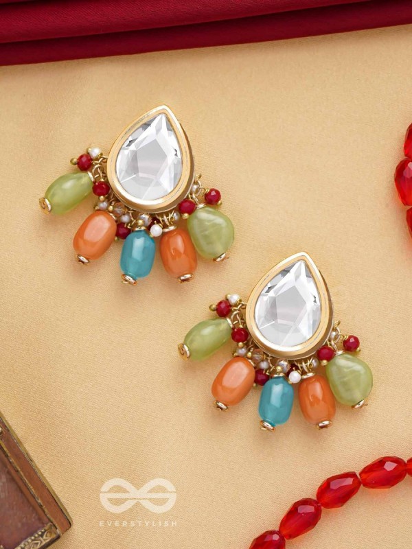 Ravih - The Sun Loving - Golden Embellished Polki And Kundan Finished Earrings (Multicolor)
