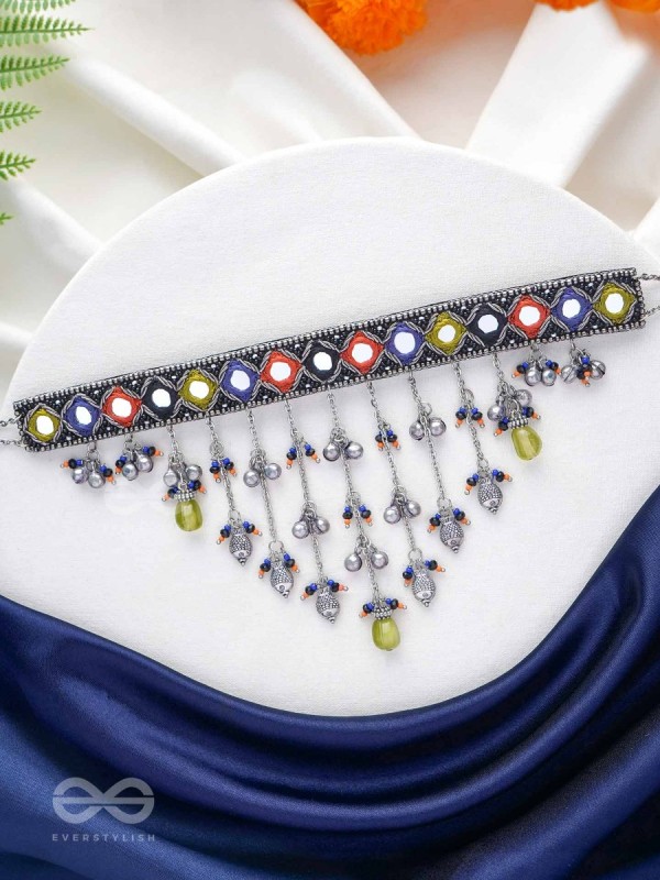 NEELHARINI - FOREST BLOOM - Mirror, Beads And Fish Charms Hand Embroidered Oxidised Neckpiece