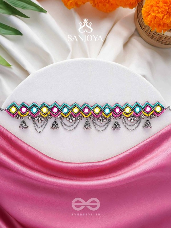 UPARJITAA - RAINBOW RADIANCE - BEADS AND MIRROR EMBROIDERED AND OXIDISED NECKPIECE