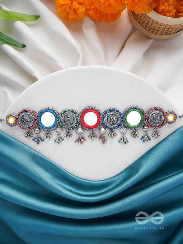 RANGAVYUHA - COLORBURST CASCADE - BEADS, MIRROR AND RESHAM EMBROIDERED AND OXIDISED NECKLACE