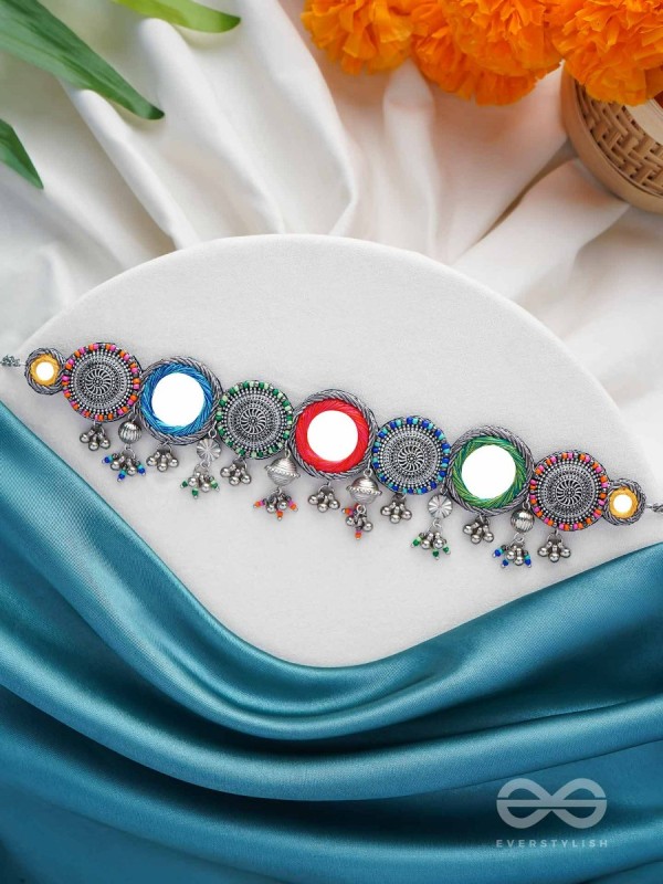 RANGAVYUHA - COLORBURST CASCADE - BEADS, MIRROR AND RESHAM EMBROIDERED AND OXIDISED NECKLACE