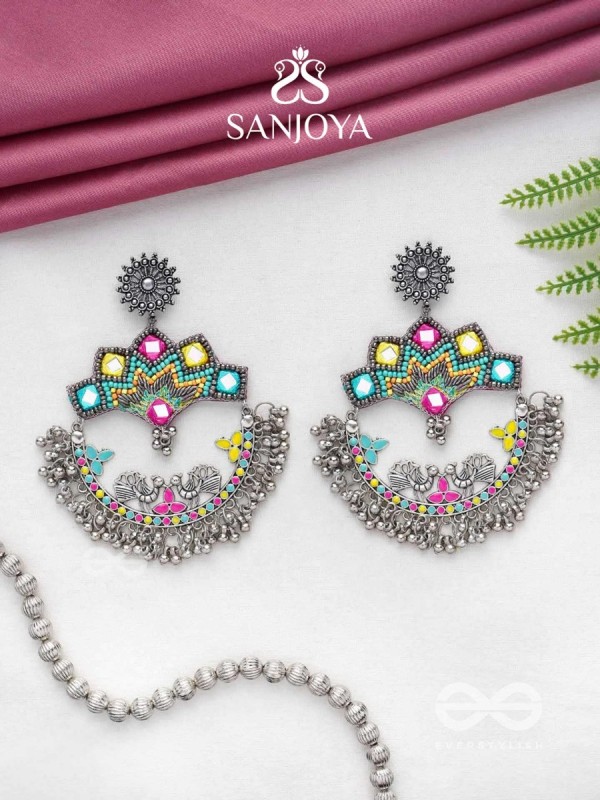 Shrichinmaya - The Eternal Beauty - Mirrors, Beads And Resham Hand Embroidered Oxidised Earrings