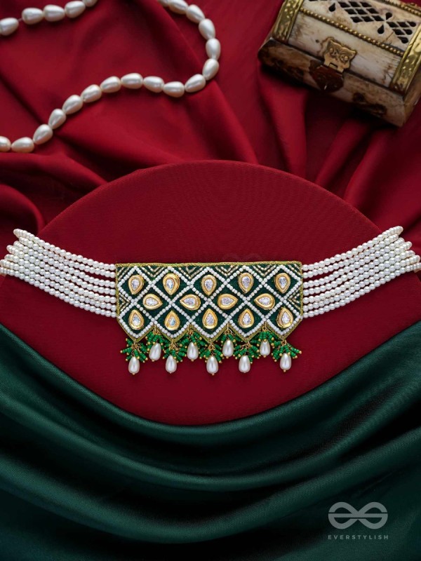 Ardrata- The Emerald Finesse- Beads, Pearl Drops, Polki And Kundan Finished Hand Embroidered Choker Neckpiece