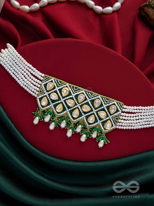 Ardrata- The Emerald Finesse- Beads, Pearl Drops, Polki And Kundan Finished Hand Embroidered Choker Neckpiece