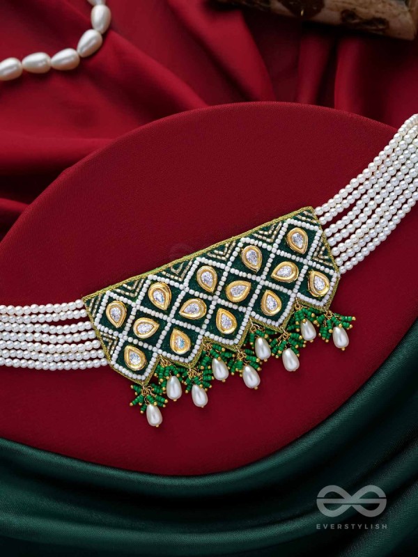 Ardrata- The Emerald Finesse- Beads, Pearl Drops, Polki And Kundan Finished Hand Embroidered Choker Neckpiece