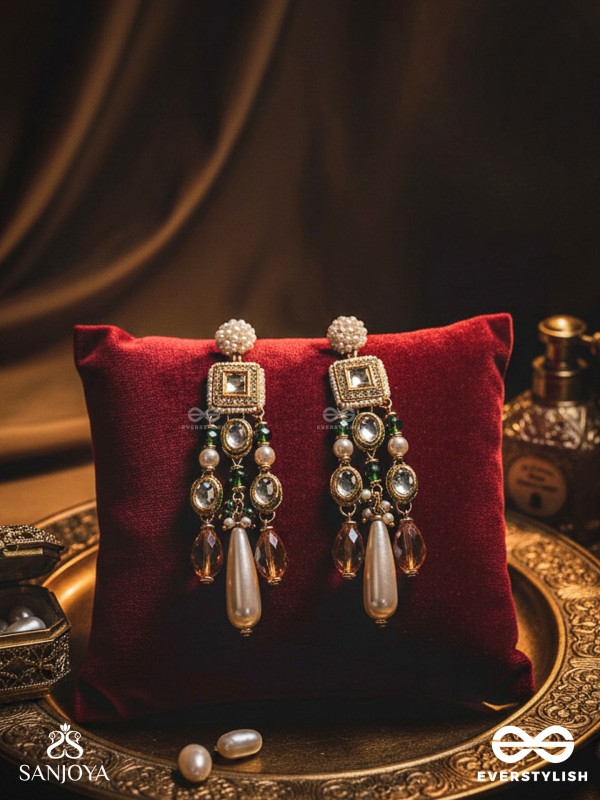 Karidant - The Ivory Elegance - Beads, Polki And Kundan Finished Hand Embroidered Earrings