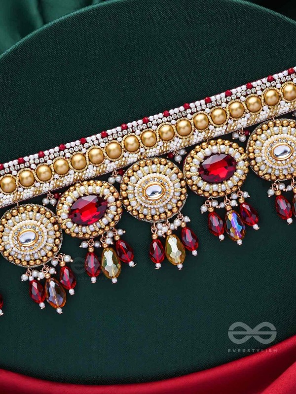 Ratula - The Crimson Majesty - Stones, Beads And Glass Drops Embroidered Necklace
