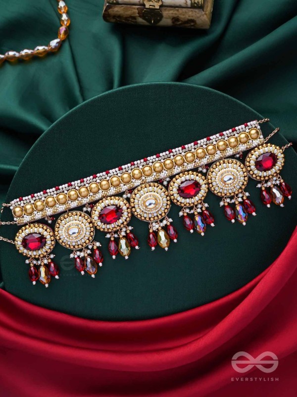 Ratula - The Crimson Majesty - Stones, Beads And Glass Drops Embroidered Necklace