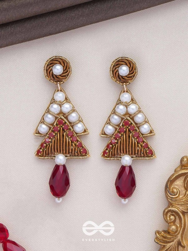 Ucchriti - The Majestic Triangles - Pearls, Dabka And Glass Drop Hand Embroidered Earrings