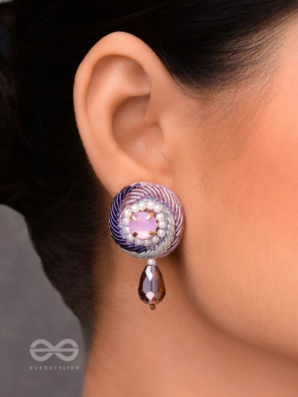 Arani - The Turning Round - Stone, Beads And Glass Drop Hand Embroidered Earrings