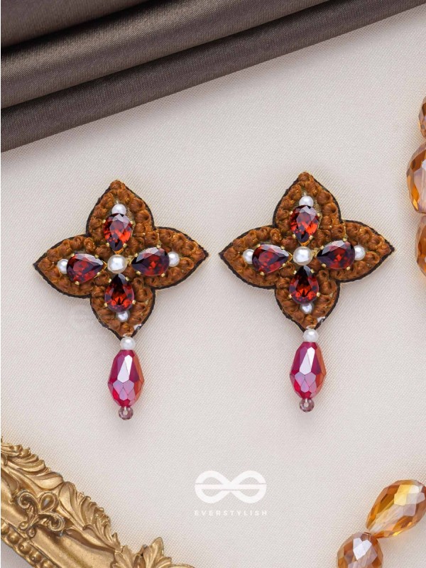 KUVALAYA - THE SCARLET BLOOM - STONE AND GLASS DROP EMBROIDERED EARRINGS