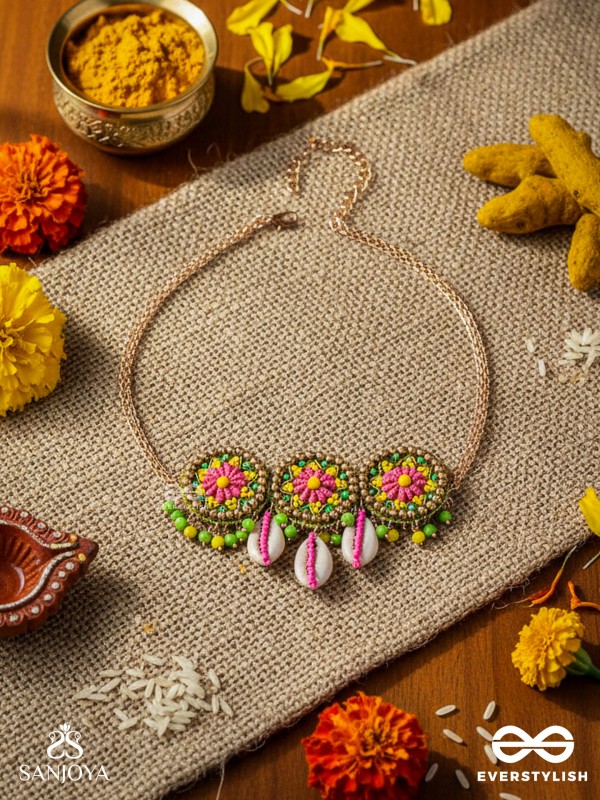 SAKOSHA - THE SEASHELL BEAUTY - SHELLS, BEADS AND RESHAM EMBROIDERED NECKPIECE