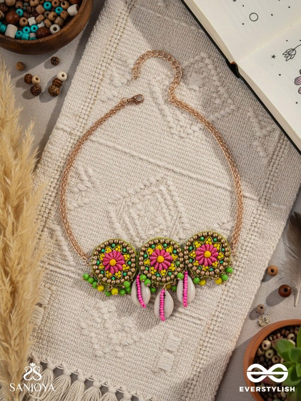 SAKOSHA - THE SEASHELL BEAUTY - SHELLS, BEADS AND RESHAM EMBROIDERED NECKPIECE