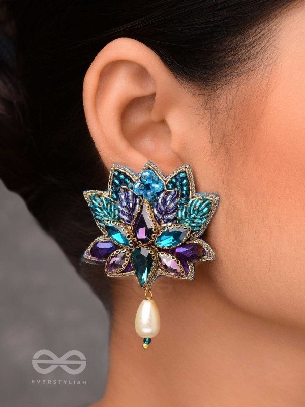 KAIRAVINI- THE LUSTROUS LOTUS - STONE, CUTDANA AND BEADS EMBROIDERED EARRINGS