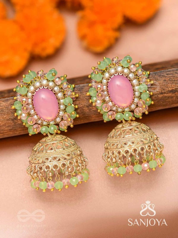 Hasyahina - The Blossoming Smile - Stone And Beads Hand Embroidered Jhumka Earrings
