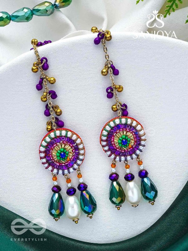 Pindalu - Majestic Plum Splendour - Beads, Sequins And Glass Drop Embroidered Earrings