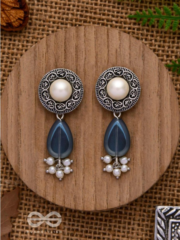 Marine Moonstone - Oxidised Pearl Jhumka Earring 