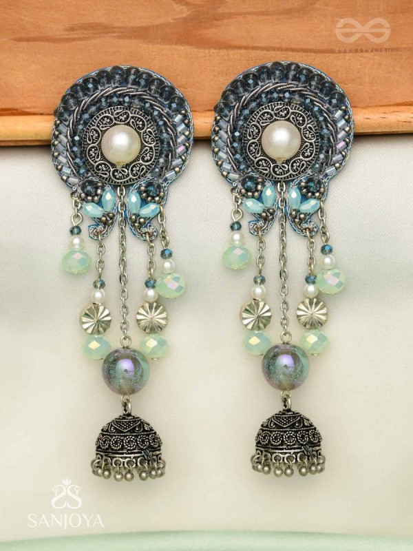 DHUMITA - THE SHINING SMOKE - BEADED OXIDISED AND HAND EMBROIDERED EARRINGS