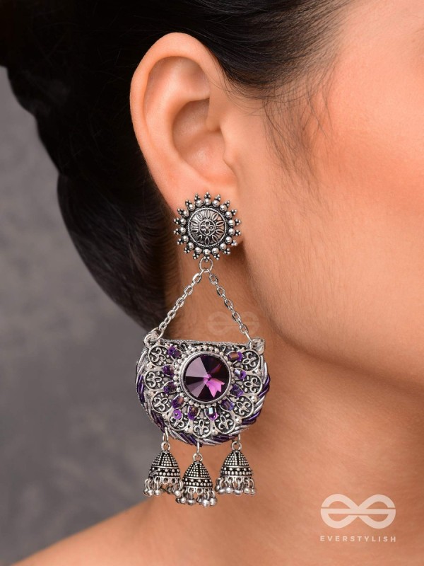 Nishithani - The Midnight Orchid - Sequins, Cutdana Oxidised And Hand Embroidered Earrings