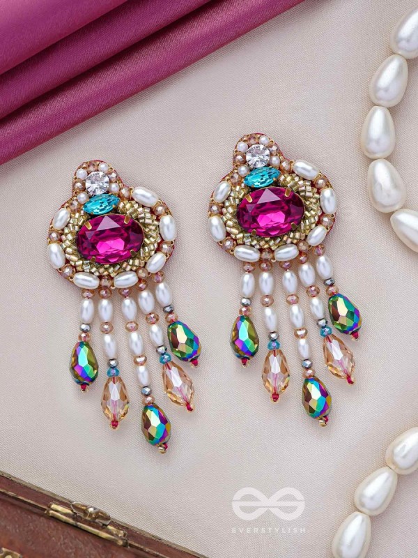 Vaajpatni- The Queen's Treasure- Stones, Pearls And Glass Drops Hand Embroidered Earrings