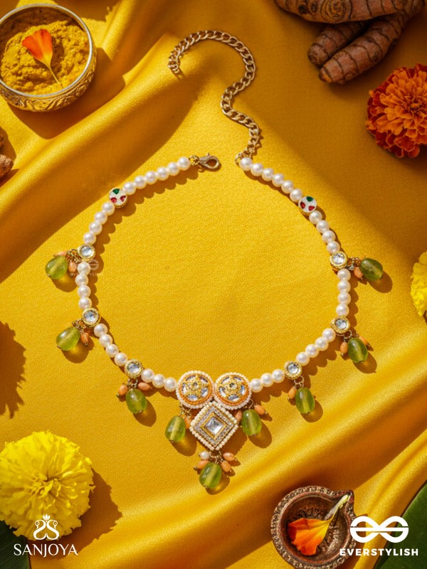 Anupta - Meadow Melody - Golden Embellished Polki And Kundan Finished Hand Embroidered Neckpiece