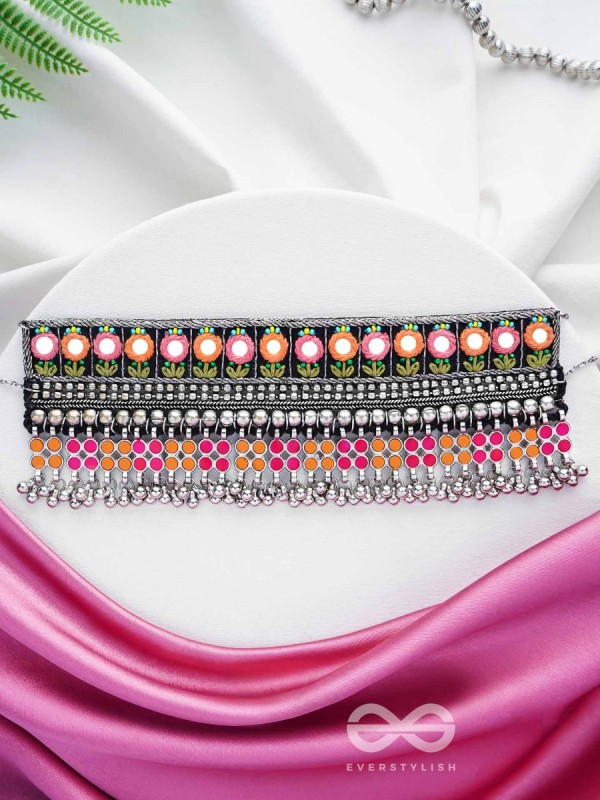 Prasidika - The Radiant Garden - Resham And Beads Hand Embroidered Oxidised Choker Neckpiece