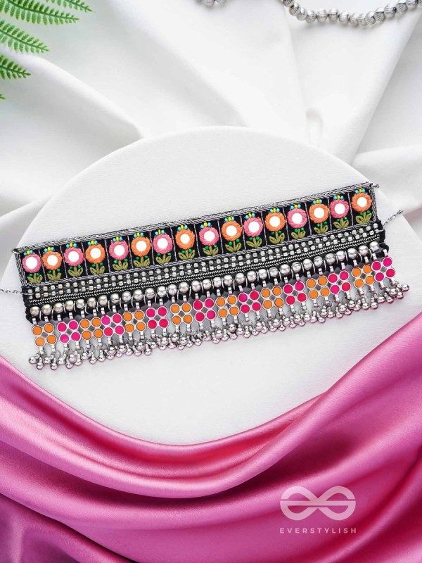 Prasidika - The Radiant Garden - Resham And Beads Hand Embroidered Oxidised Choker Neckpiece