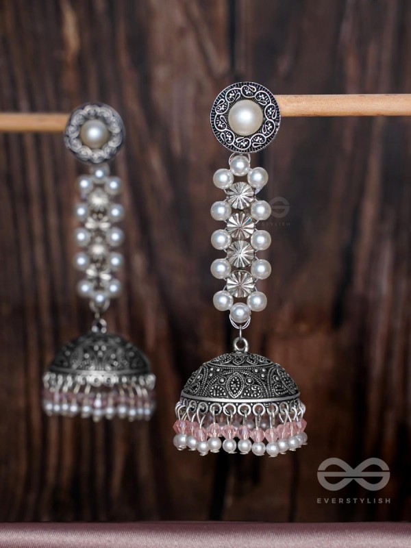 Twirling Pearl Dreamland - Oxidised Jhumka Earrings
